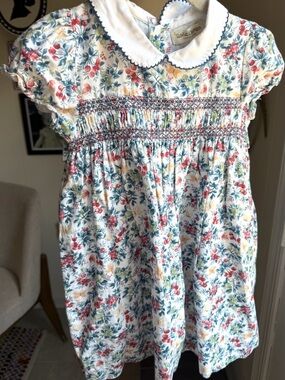 Floral Smocked Peter Pan Collar Dress - White with Red & Blue Flowers
